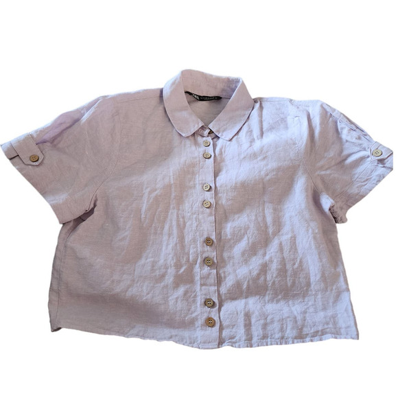 Zara Women Size Small Lavender Linen Button Up Crop Top Button Pleated Sleeves - Picture 1 of 11
